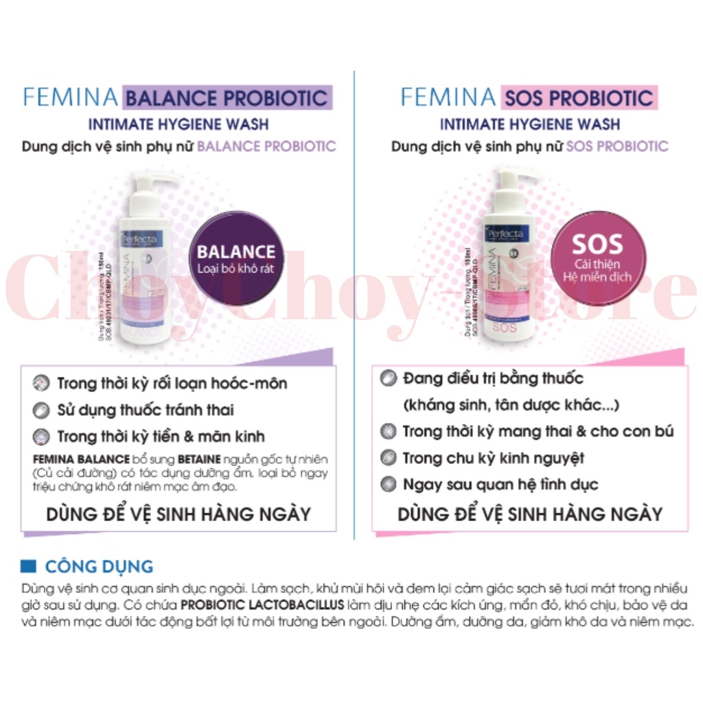 [TEM CTY] Dung dịch vệ sinh phụ nữ PERFECTA Femina SOS Probiotic 150ml Cải thiện hệ miễn dịch