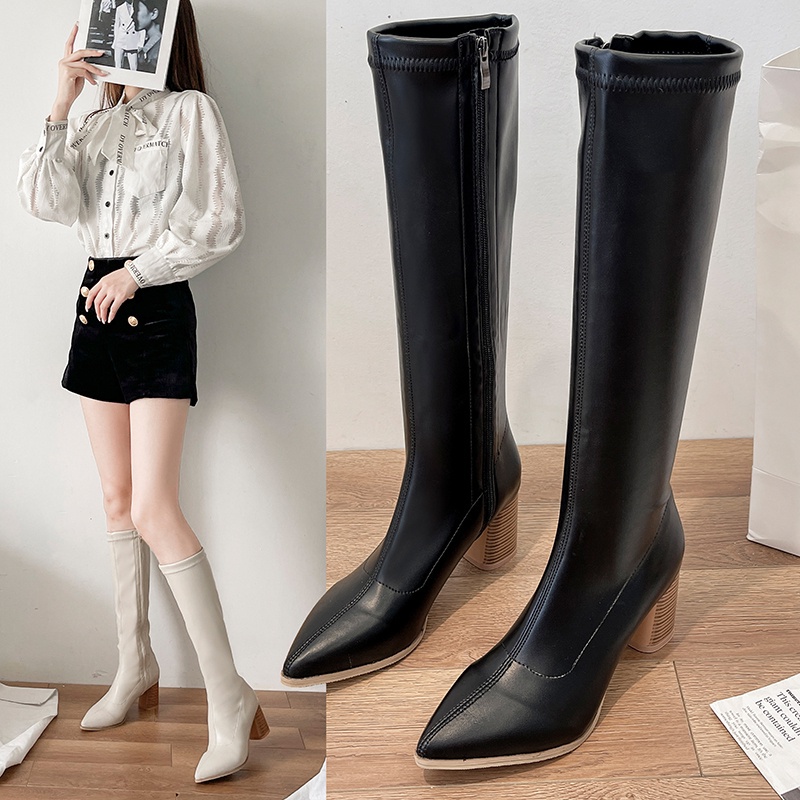 Giày Bốt Cổ Cao Đến Đầu Gối Mũi Nhọn Màu Trơn Phối Khóa Kéo Thời Trang Hàn Quốc Cho Nữ
