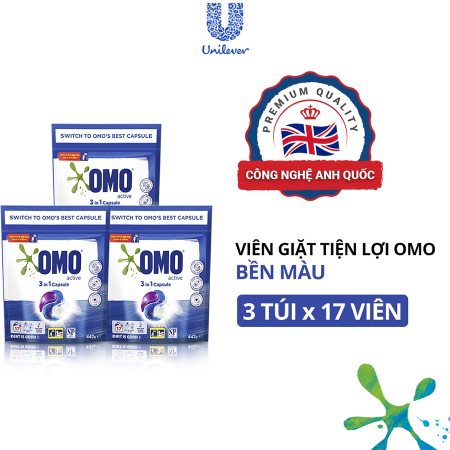 Combo 3 Túi 17 Viên giặt OMO Cho máy giặt cửa trước và cửa trên Bền Màu Công nghệ Anh Quốc