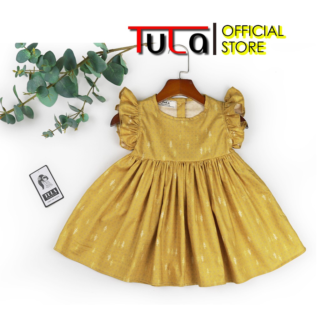 Váy Đầm Bé Gái Màu Vàng Tay Bèo Xòe Vải Thô Cotton Hàn Quốc