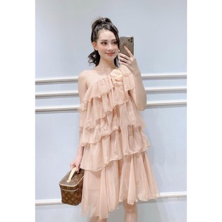 Đầm lệch 1 vai xếp tầng hồng