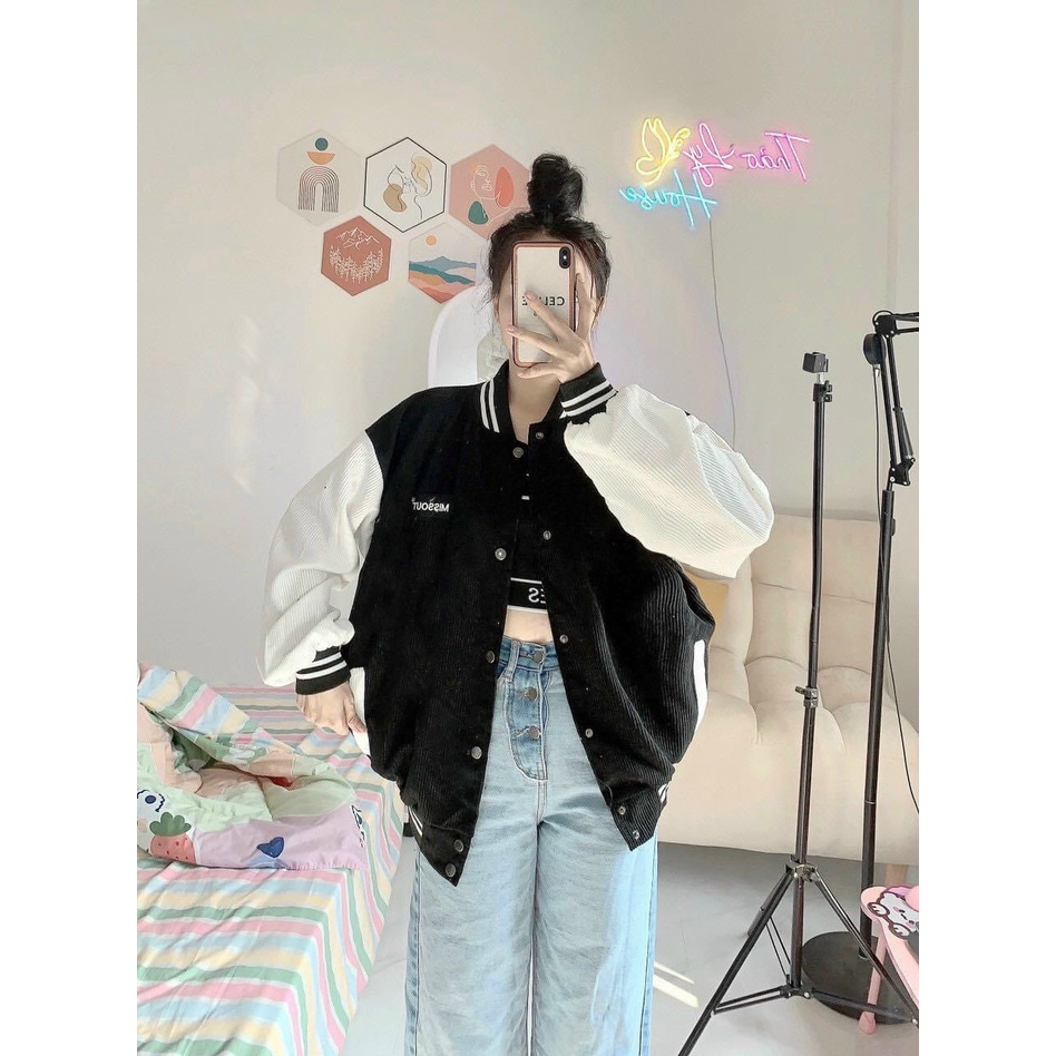 Áo Khoác Bomber Jacket Nhung Gân Tăm LOGO MISSOUT Varsity Unisex Form Rộng Nam Nữ Phong Cách HÀN Ulzzang