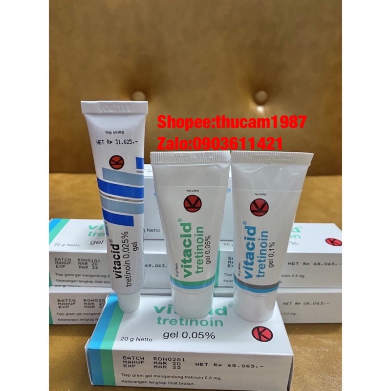 GEL Tretinoin Vitacid 0.1%, 0.05%, 0.025%  giảm mụn, chống lão hóa da 20g.