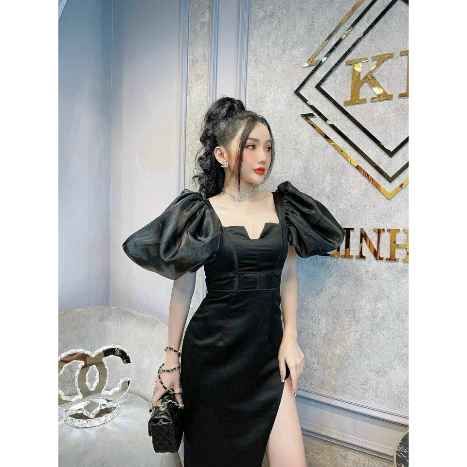 Đầm tay phồng ôm body sẻ tà cổ vuông có mút ngực (chất liệu umu phối voan kiếng) thời trang nữ thiết kế sang trong