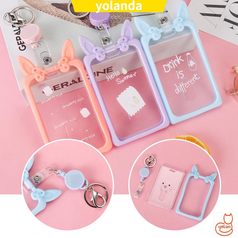 ☆YOLA☆ Portable ID Card Holder Ear Retractable Pass Cover Office Work Transparent Silicone Girl Student Keychain Badge Card Case
