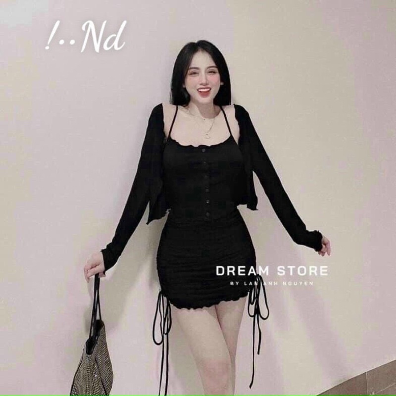 Set đầm nữ áo crop cổ yếm kèm khoác crop bèo mix cùng chân váy nhún rút,váy nữ mini siêu xinh đi chơi cực style