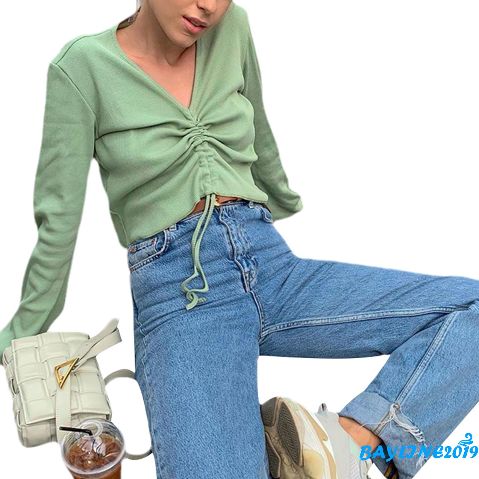 Áo crop top tay dài cổ chữ V thanh lịch màu trơn hợp thời trang có dây rút dành cho nữ | BigBuy360 - bigbuy360.vn