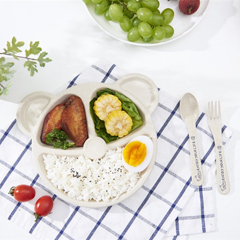 Khay ăn dặm, Khay gấu kèm thìa và dĩa, chất liệu lúa mạch an toàn cho bé