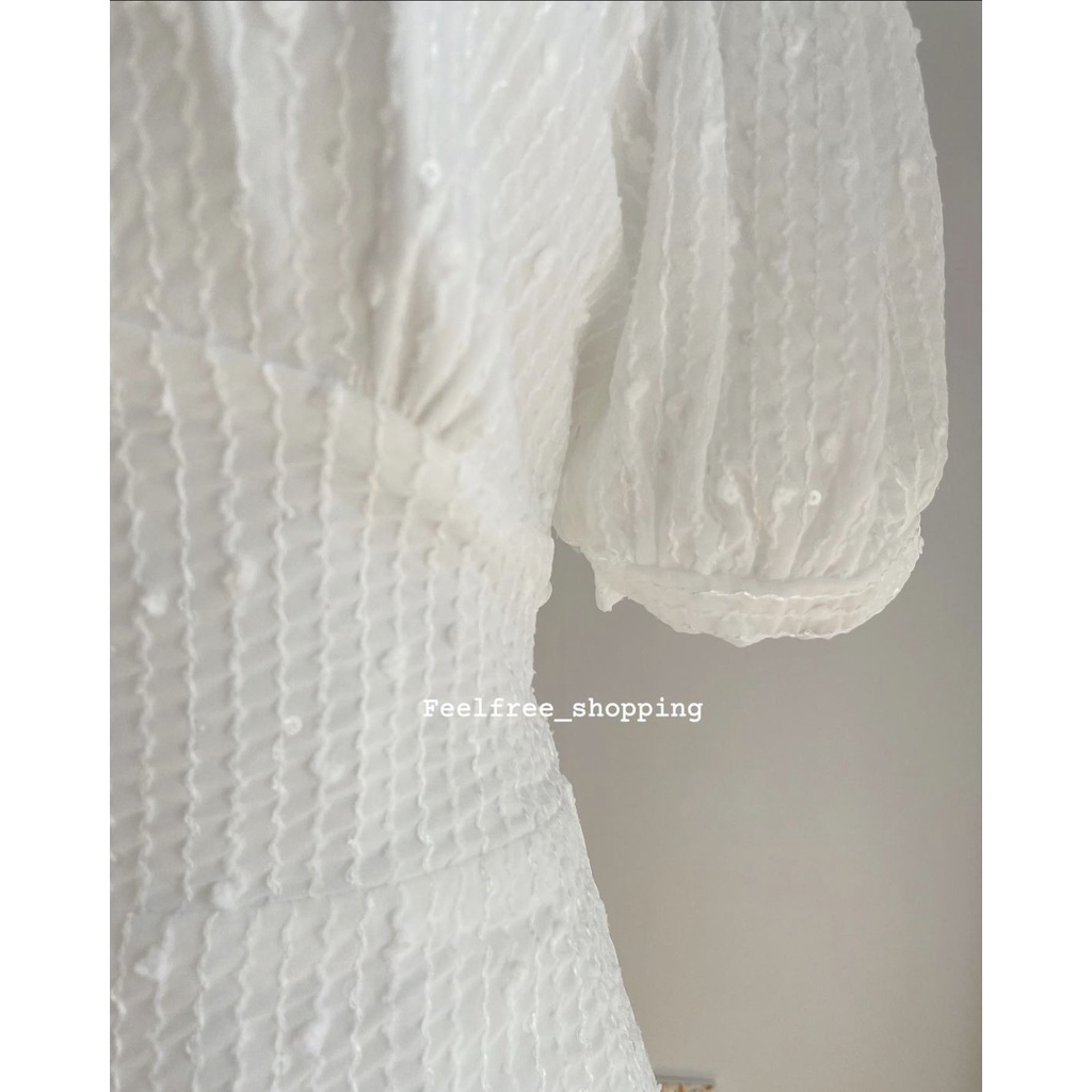 Đầm Trắng Công Chúa Cổ Vuông Nút Bọc Mặc Đi Tiệc, Đi Chơi, Kỷ Yếu (Hình Thật) D014