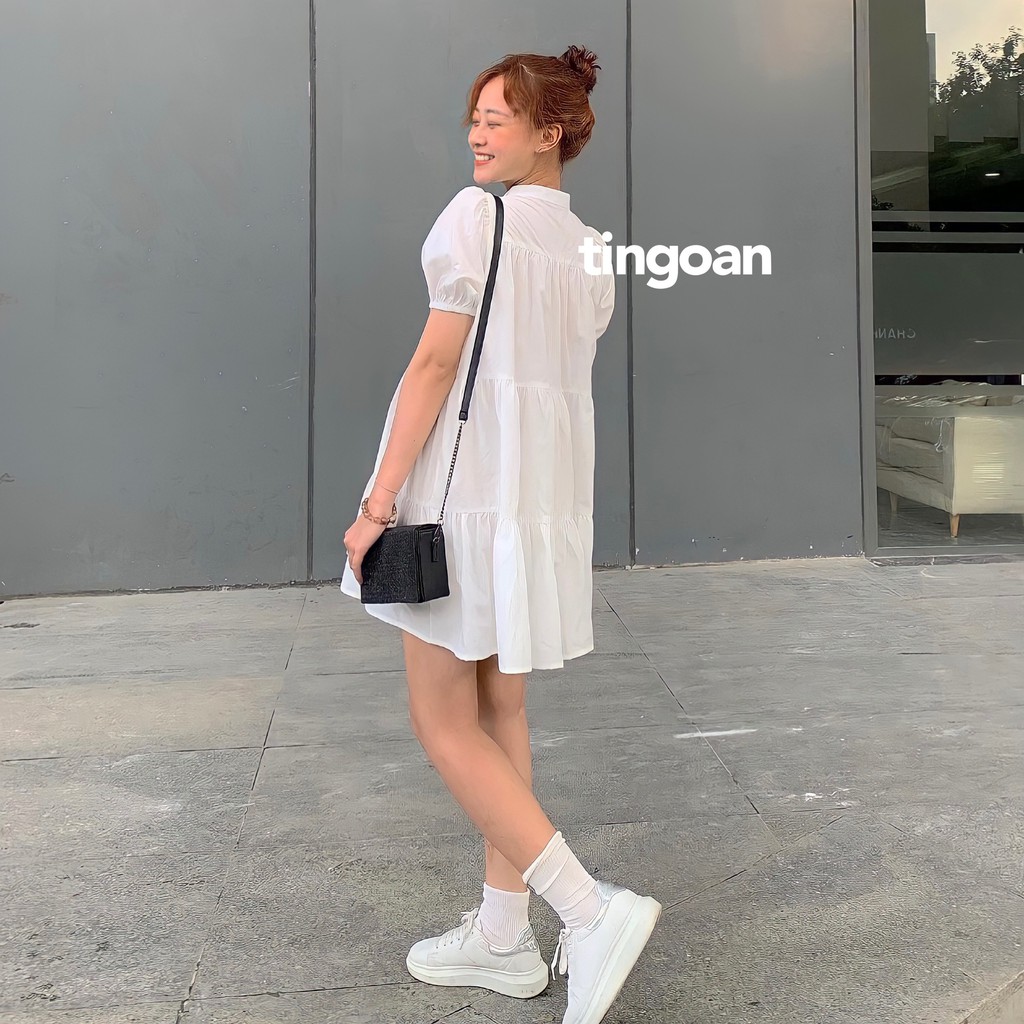 TINGOAN® - Váy babydoll cổ tàu vai phồng chống nhăn trắng tingoan BLOW ME DRESS/WH