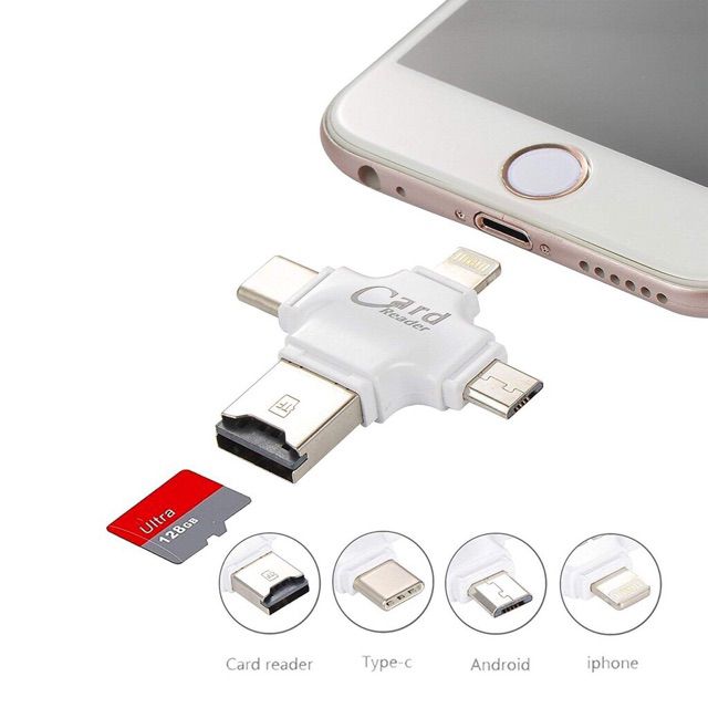 Đầu đọc thẻ đa năng 4 in 1 ( OTC,  USB, TYPC,  iOS)  thẻ nhớ SD cho iphone,  Androi / Giá Rẻ