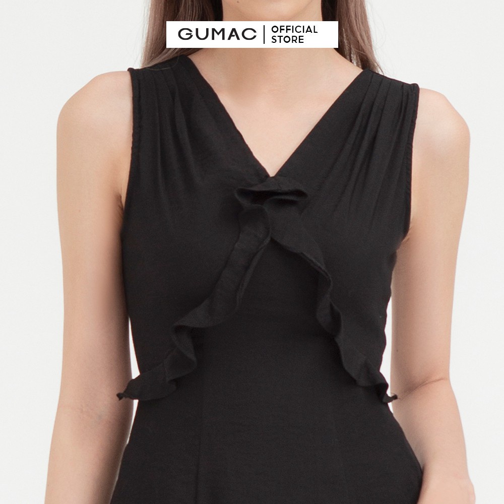 Đầm xòe nữ sát nách xếp vai GUMAC màu đen trơn trẻ trung DB453