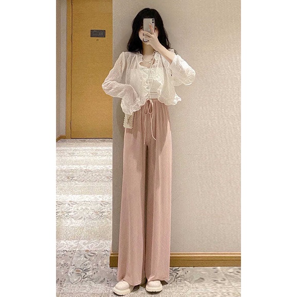 AMOI Bộ Áo Voan + Quần Ống Rộng Lưng Cao Thời Trang Hàn Quốc Xinh Xắn