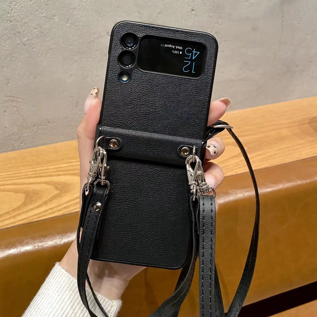 Ốp Điện Thoại Da Sang Trọng Có Dây Đeo Chéo Cho Samsung Galaxy Z Flip 3 Z Flip3 5G