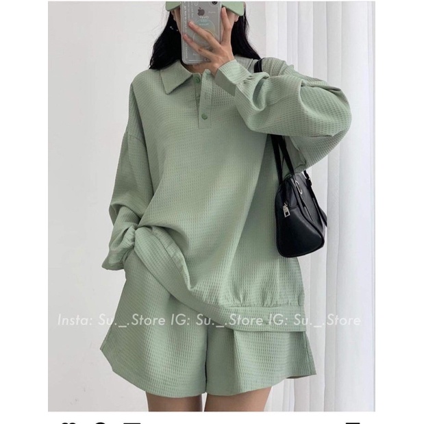 Set nỉ xốp áo cổ đức quần sooc đồng màu POLI