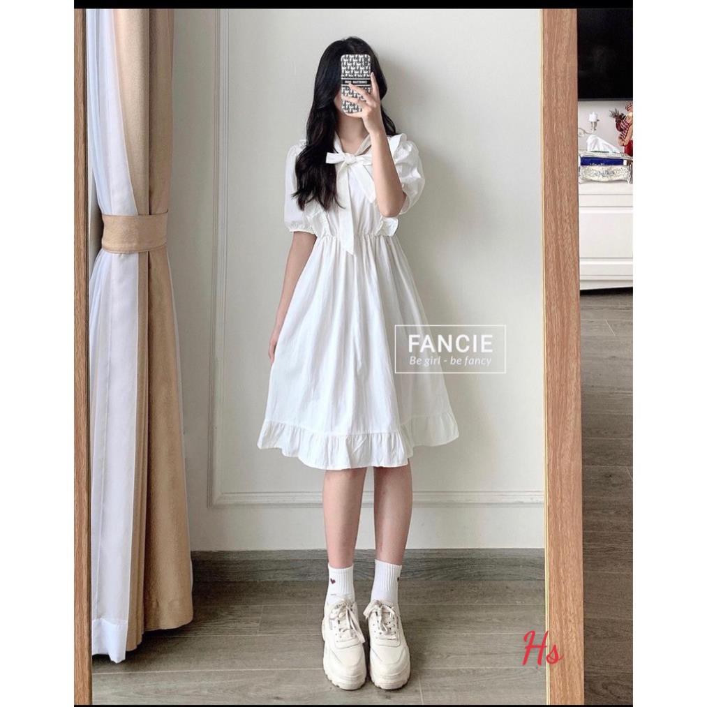 💃 Đầm Nữ Vai Bèo Cộc Tay Buộc Nơ. HANN's Closet.  Váy Trắng Chất Đũi Dáng Xòe Xinh Xinh Yêu Yêu | BigBuy360 - bigbuy360.vn