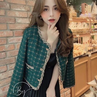 Áo Khoác dạ xanh phối viền nhũ van