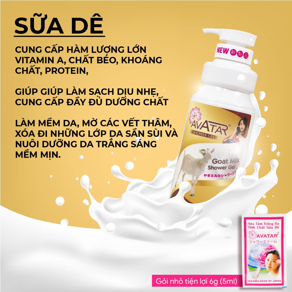 Sữa Tắm Sữa Dê Goat Milk Avatar Trắng Da Mịn Màng, Hương Nước Hoa Nhật Gói 6g (5ml)