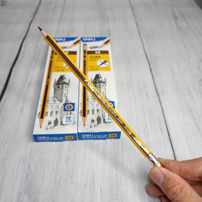 ✅ Bút Chì 2B Deli - Viết Chì Có Đầu Gôm - Scribe - Kẻ Sọc Vàng Sọc Đen - C004-2B
