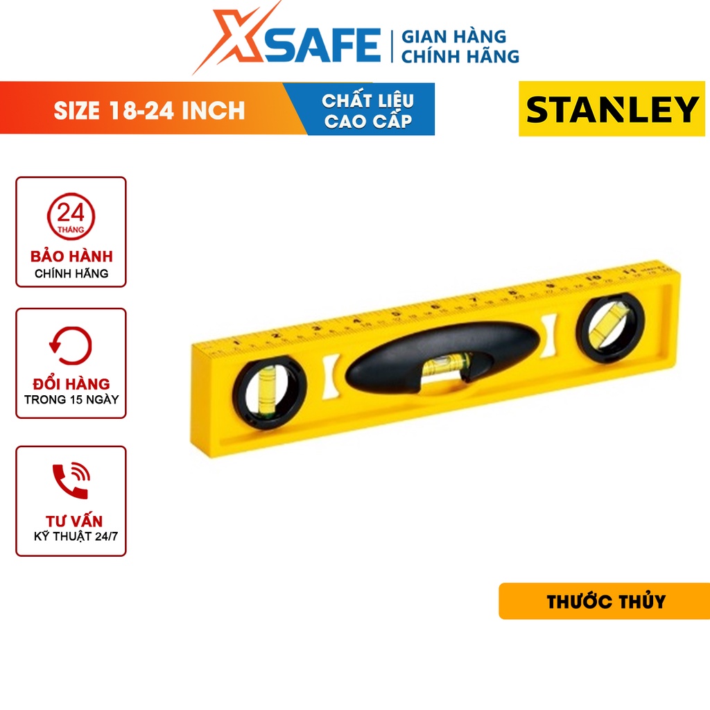 Thước thuỷ nhựa ABS STANLEY công nghệ của Mỹ Thước cân bằng Stanley gồm 3 ống thuỷ, chất liệu an toàn bền bỉ