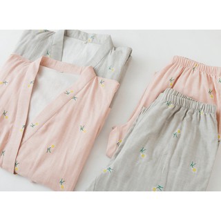 Bộ kimono hoa cotton 100% mặc sau sinh dài và lỡ set thường