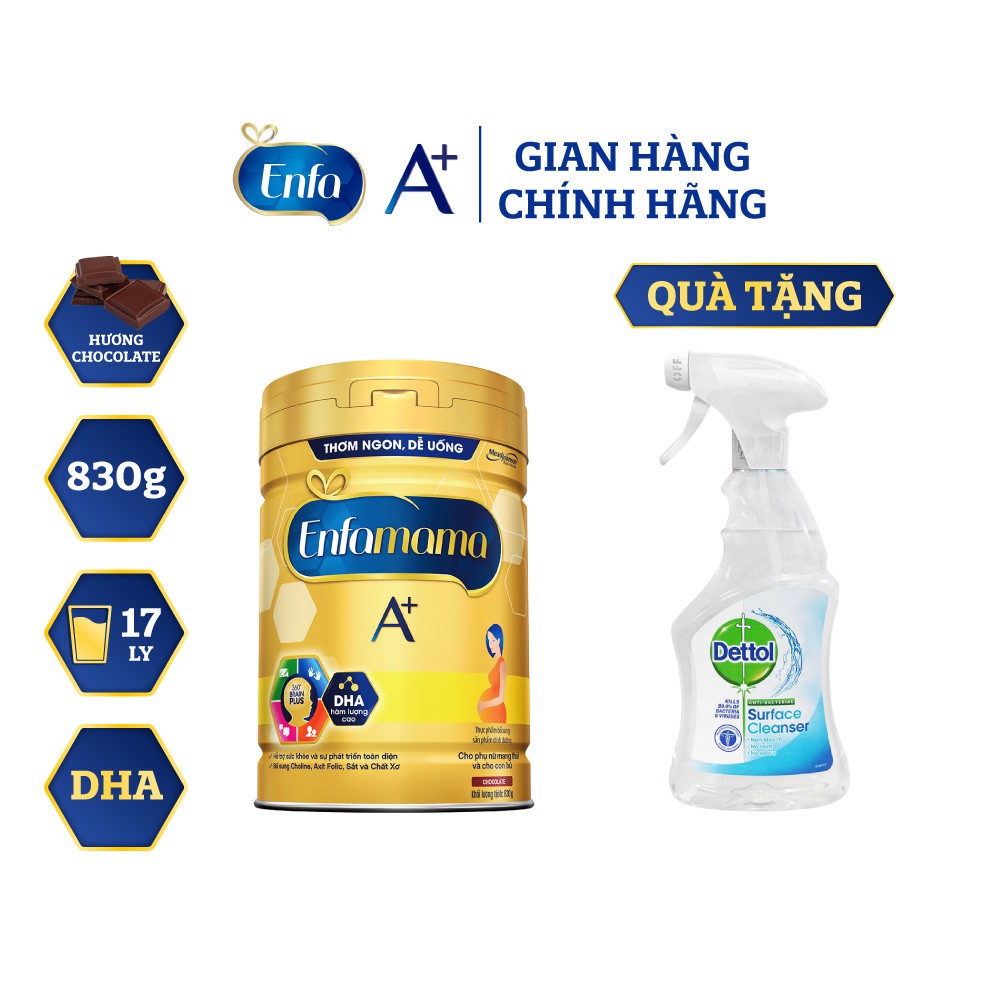 [Tặng Chai xịt kháng khuẩn Dettol 500ml] Sữa bầu Enfamama 360° Brain Plus - Vị Chocolate- 830g