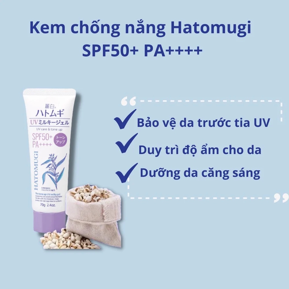 Kem chống nắng Hatomugi ý dĩ UV Care & Moisturizing SPF50+ PA++++ Dưỡng ẩm và làm sáng da 80g - Nhật Bản