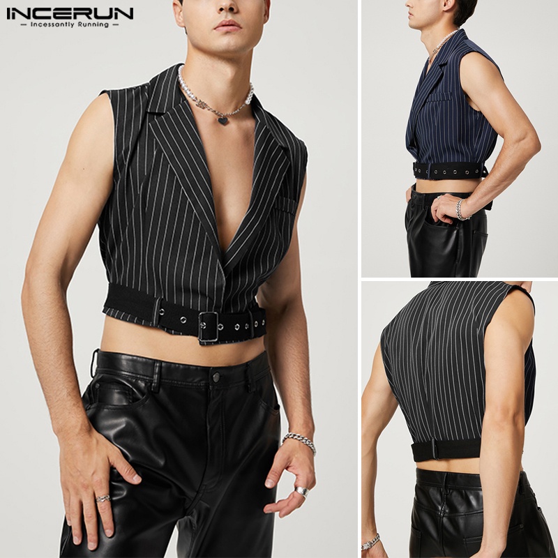 Áo ghi lê INCERUN không tay cổ chữ V họa tiết kẻ sọc thời trang lịch lãm cho nam