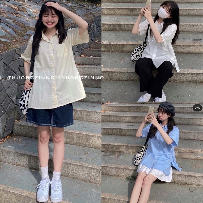 [Ảnh thật/Video]Áo Sơ Mi Ngắn Tay Xẻ Tà