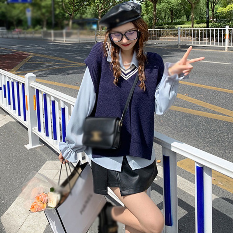 Áo Dệt Kim Không Tay Dáng Rộng Cổ Chữ V Màu Sắc Tương Phản Phong Cách Retro