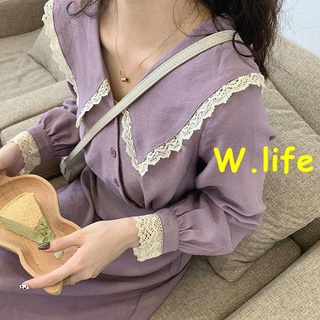 Đầm tím dài ngang gối cổ búp bê phong cách pháp thanh lịch kiểu pháp mới
