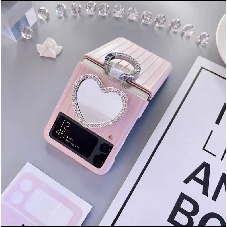 [HÀNGSẴN] Ốp Samsung Z Flip 3 / Z Flip3 / ZFlip3 gương trái tim viền đá lấp lánh kèm móc ring