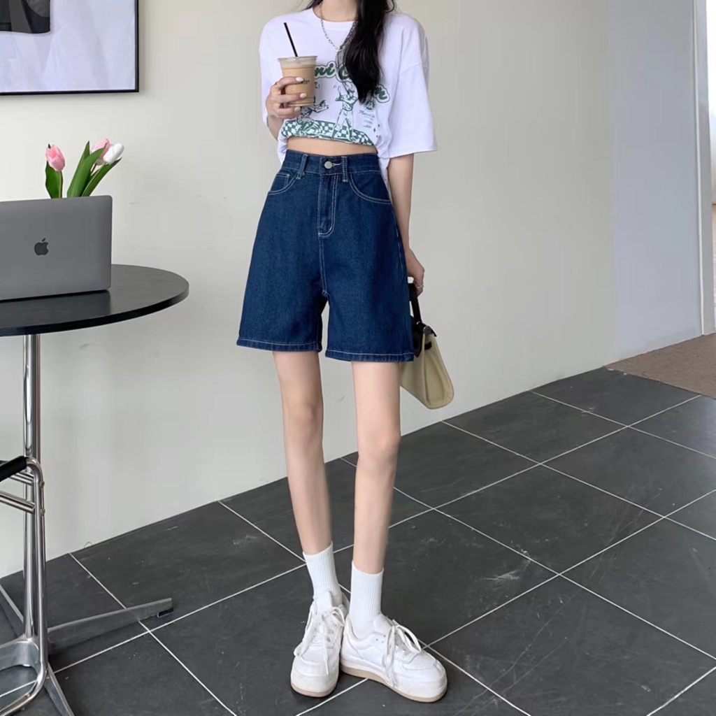 SUXI Quần Short Denim Lưng Cao Màu Sắc Đơn Giản Phong Cách Vintage Dễ Phối Đồ Cho Nữ