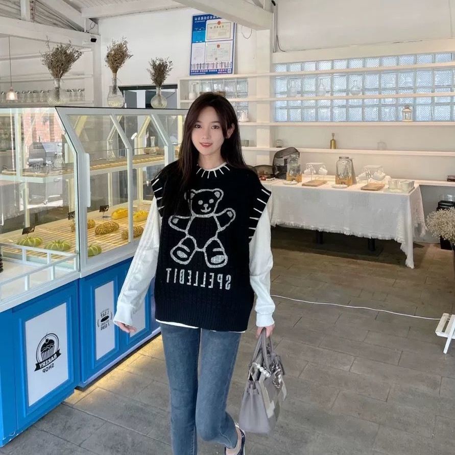 Áo Gi-Lê Len Cổ Tròn Dáng Rộng Thiết Kế Trẻ Trung Hợp Thời Trang