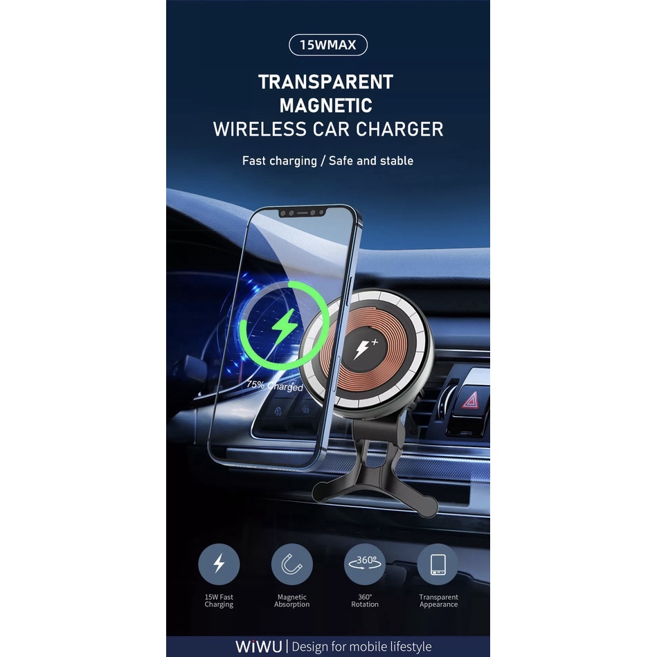 Bộ sạc Oto Wiwu Magentic Wireless Car Charger CH-309 Xoay 360 Độ, Hấp Phụ Từ Tính Mạnh, Sạc Nhanh - Hàng Chính Hãng