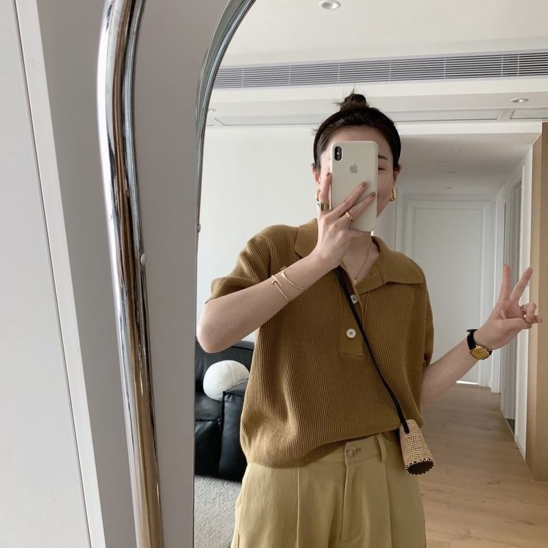 Áo Thun polo Ngắn Tay Vải Lụa Lạnh Mỏng Dáng Rộng Phong Cách Hàn Quốc Thời Trang Mới 2022