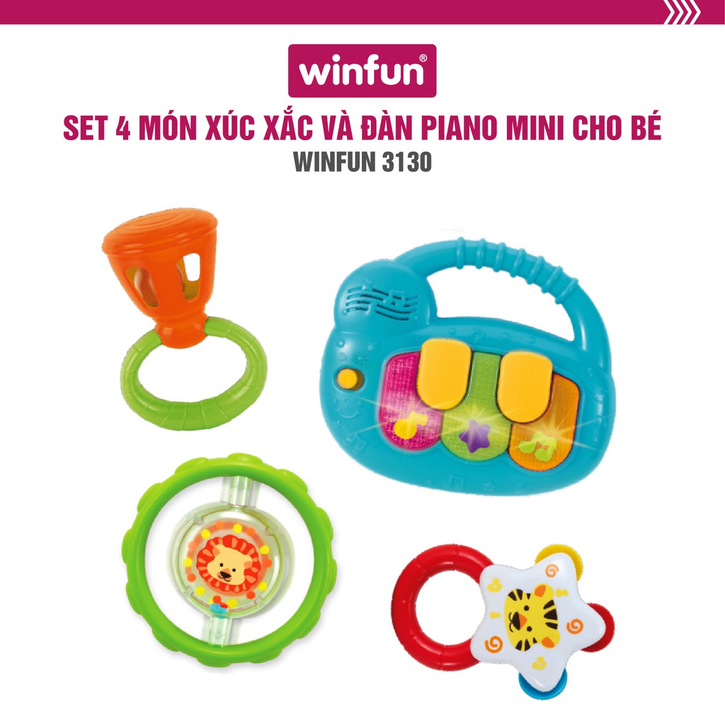 Set 4 món đồ chơi âm nhạc đàn piano mini kèm xúc xắc lục lạc cầm tay Winfun 3130 cho bé 3 tới 18 tháng