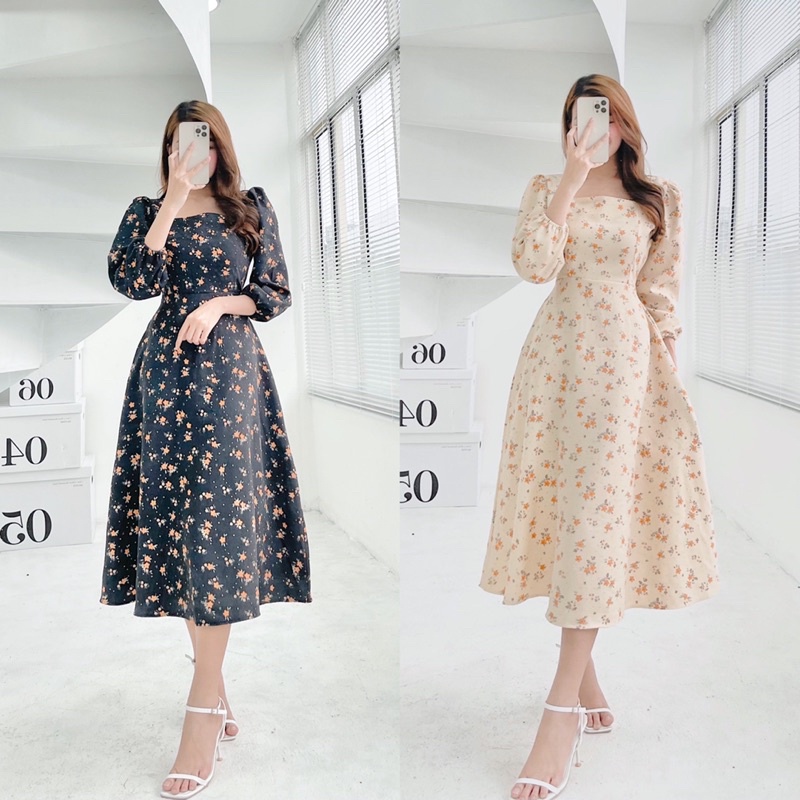 ĐẦM MIDI HOA CỔ VUÔNG TAY LỠ