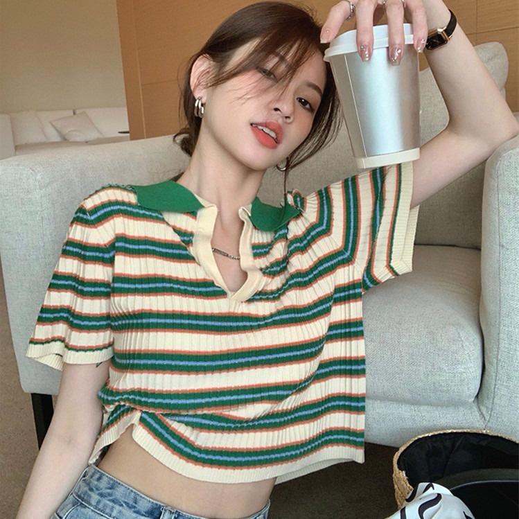 Áo croptop polo ZHELIHANGFEI dệt kim tay ngắn kẻ sọc kiểu vintage dễ thương thời trang