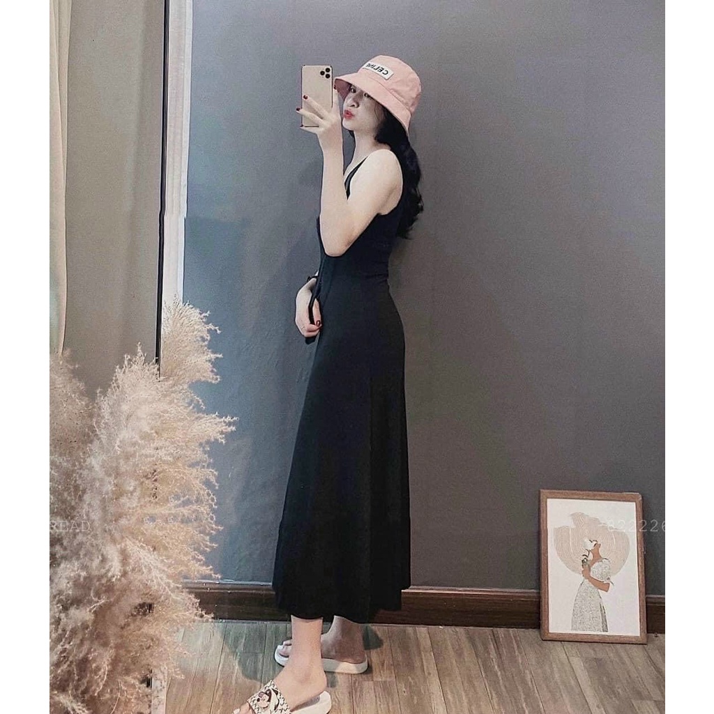 Váy 2 dây đen bản to, chất thun tăm dáng dài xuông trơn basic, đàm dáng dài cho nữ giấu bụng đi chơi đi biển