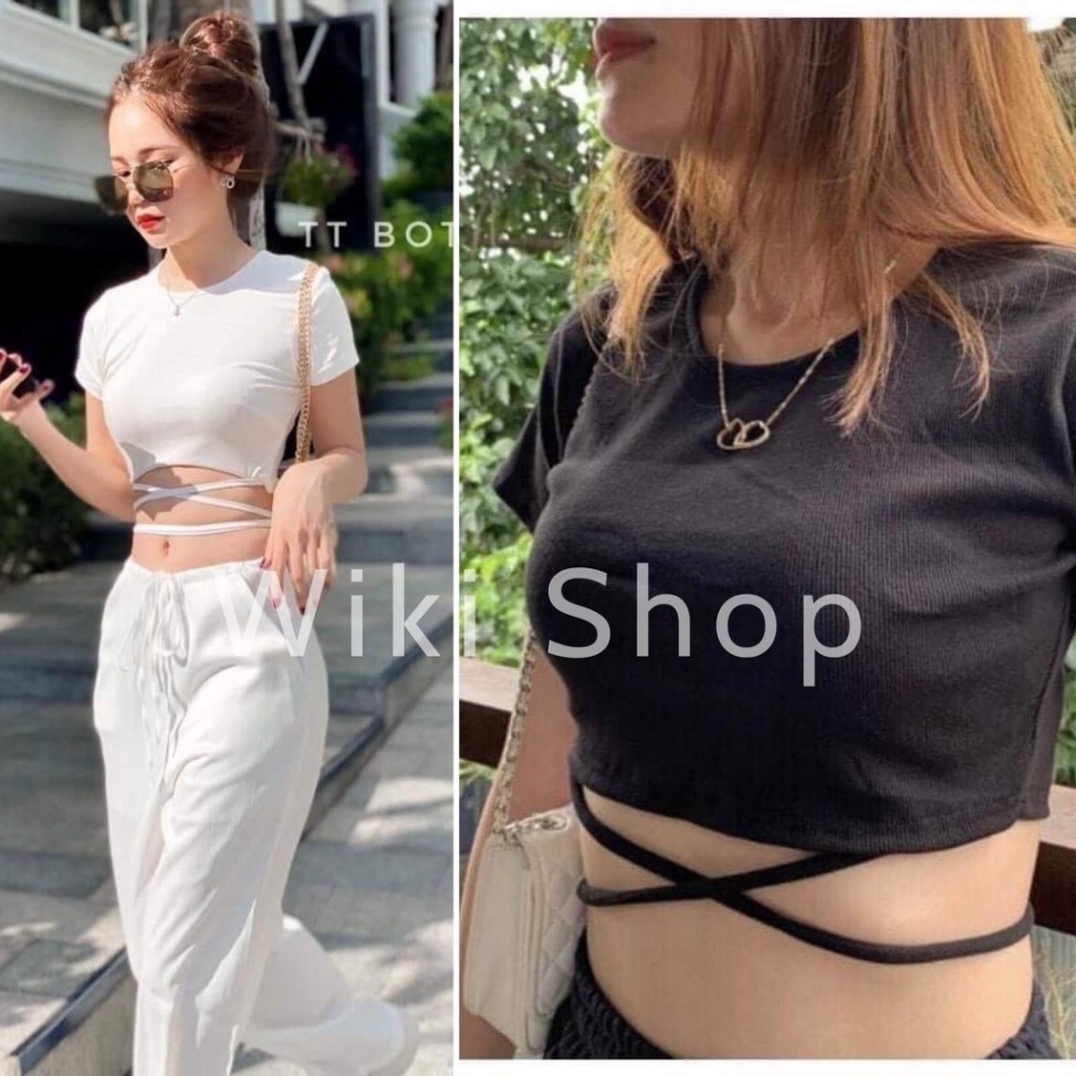 Áo thun croptop cộc tay nữ buộc dây eo sexy - Áo croptop phông dây buộc eo điệu đà Ulzzang CARINA