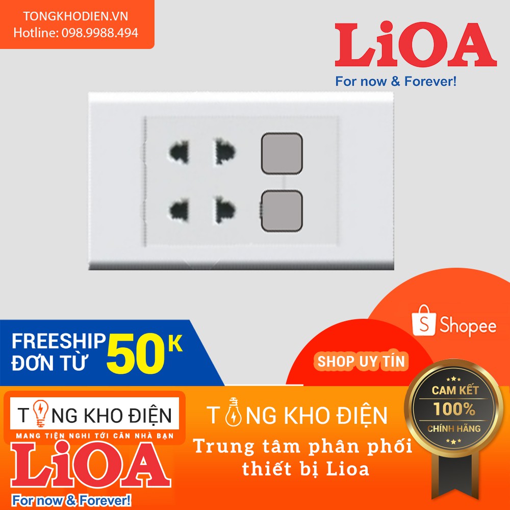 Mặt 2 ổ cắm + 2 lỗ LiOA [CHÍNH HÃNG], Nhựa TRẮNG - Tiếp điểm ĐỒNG