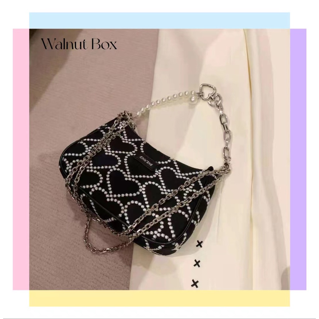 Túi Xách Kẹp Nách Phối Dây Xích Đính Ngọc Trai Thời Trang Mùa Hè Dành Cho Nữ