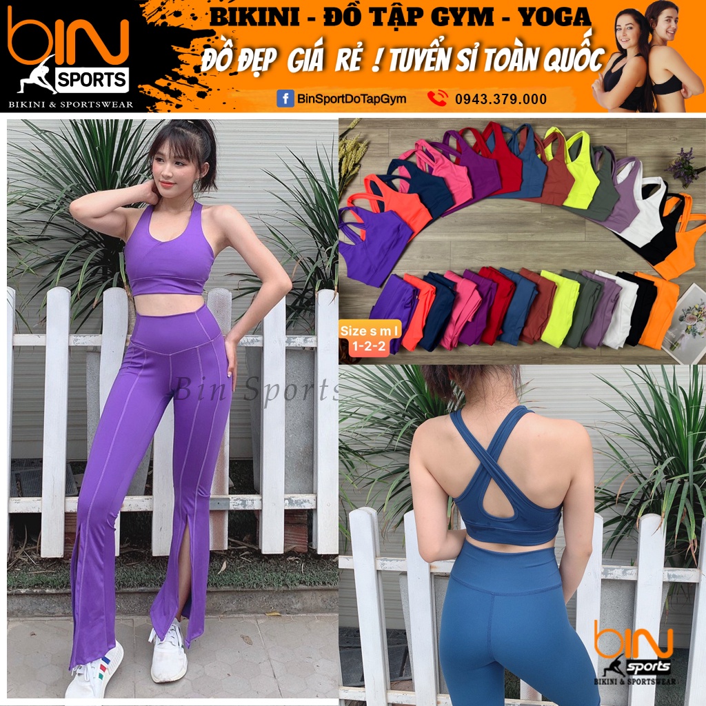 Đồ tập gym yoga nữ, set bộ thể thao áo bra kèm mút quần dài ống loe Bin Sport BD145