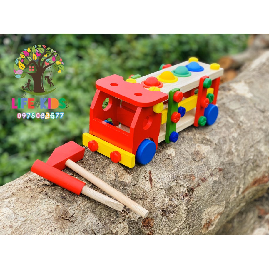 Đồ chơi gỗ - Bộ xe lắp ráp, xếp hình kèm đập bóng -xe ốc vít lắp ráp kèm đập bóng