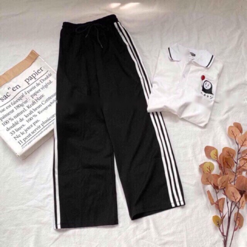 Quần dài thể thao 3 sọc ống rộng nữ Culottes suông 3 sọc ulzzang unisex  hot cạp cao 1 màu đen