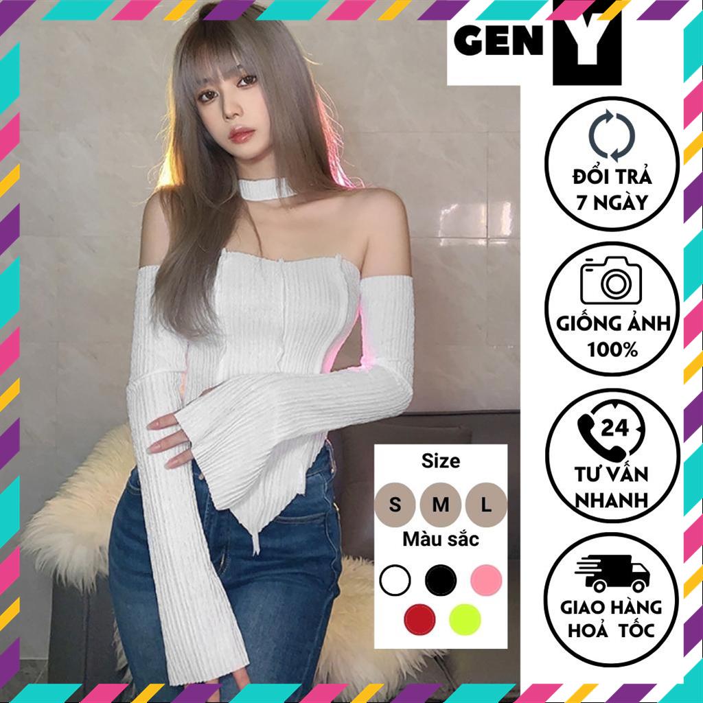 Áo croptop tay dài trễ vai dáng ôm GenY_GenZ - áo kiểu nữ xẻ tà chất thun gân mềm mịn MSP84251