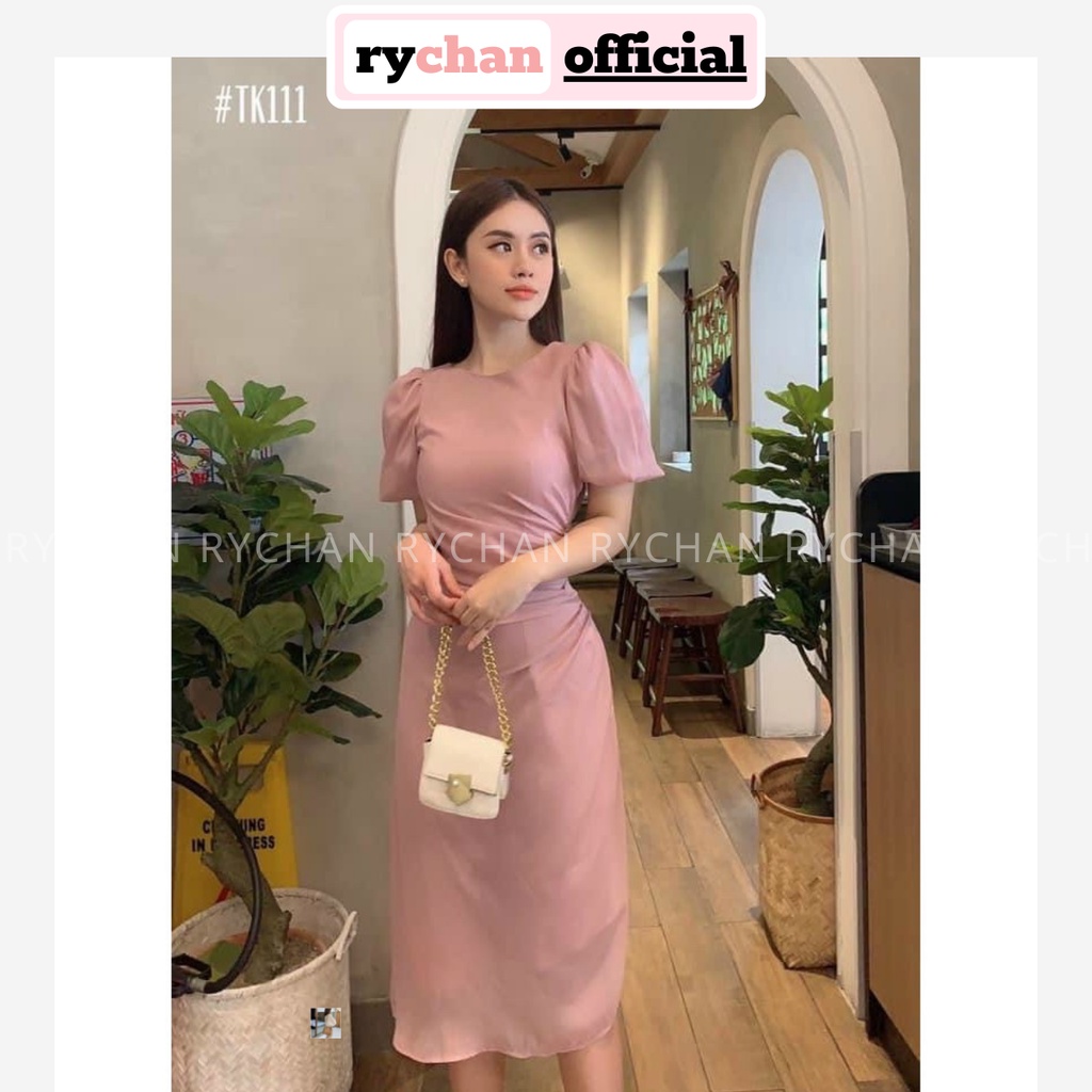 Đầm Xòe Midi Hồng Lệch Tà Nhún Sườn [Ảnh Thật Cuối] - DX0053