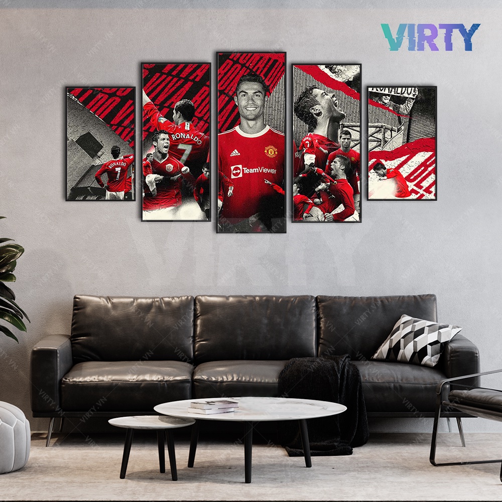 Bộ 5 Tranh treo tường cầu thủ bóng đá RONALDO kèm khung composite VIRTY Tranh Canvas decor phòng ngủ, phòng làm việc