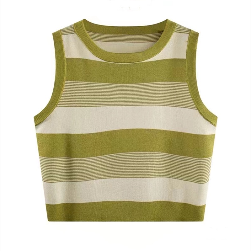 Áo Tank Top Dệt Kim Sát Nách Cổ Tròn Hoạ Tiết Kẻ Sọc Phong Cách Hàn Quốc